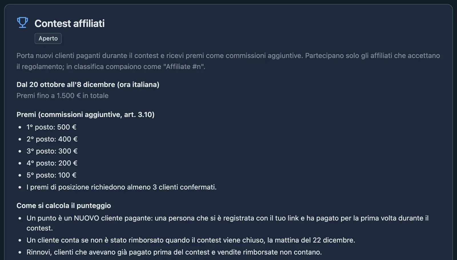 La scheda Contest della dashboard affiliati: date, premi e regole