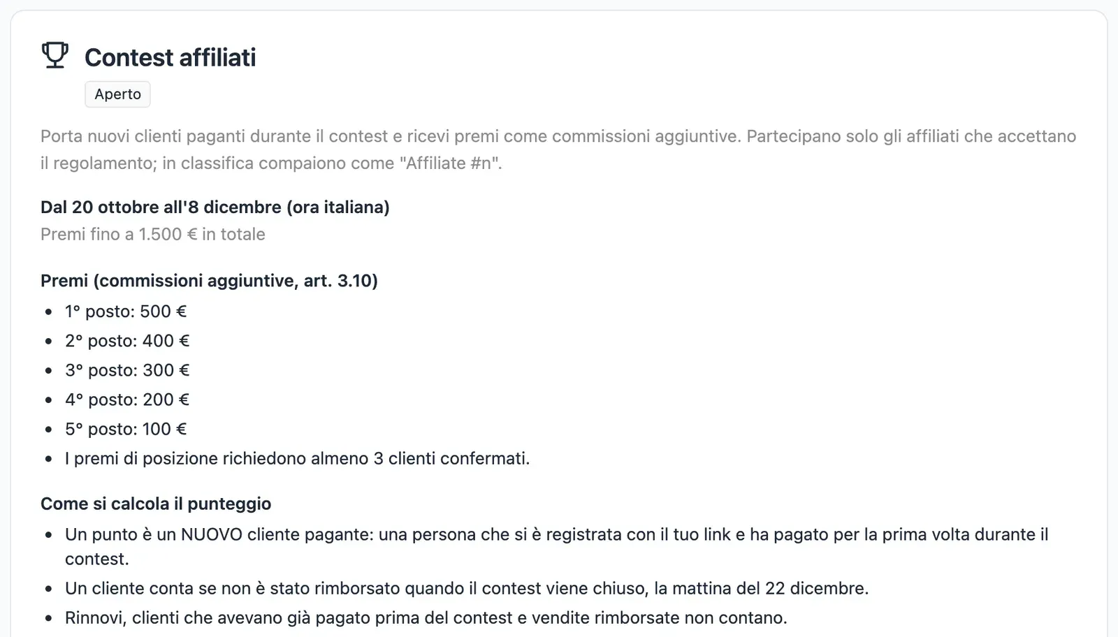 La scheda Contest della dashboard affiliati: date, premi e regole