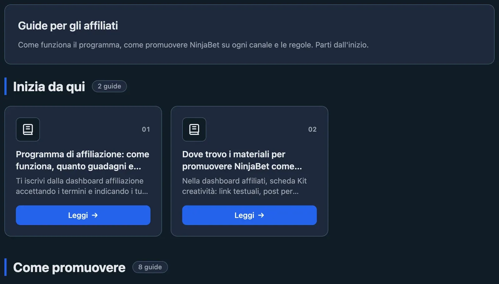 La scheda Guide della dashboard affiliati