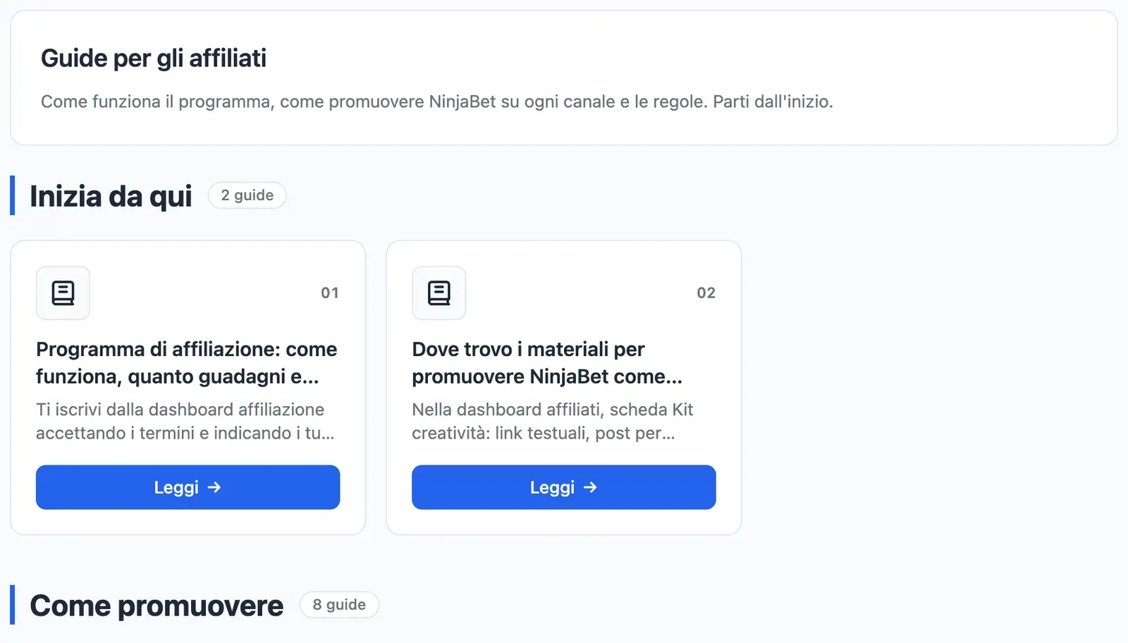 La scheda Guide della dashboard affiliati