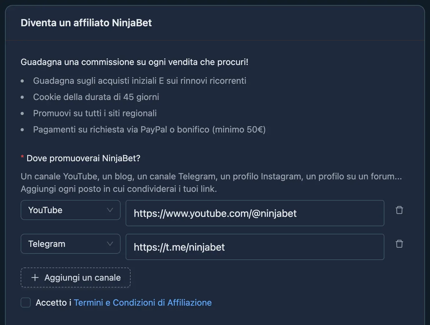 Il modulo di iscrizione al programma con i canali YouTube e Telegram