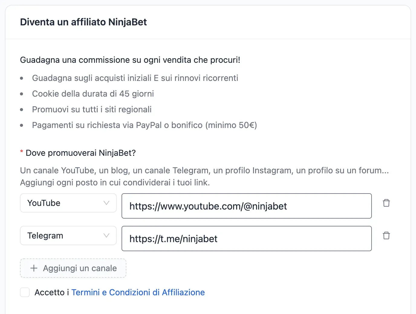 Il modulo di iscrizione al programma con i canali YouTube e Telegram