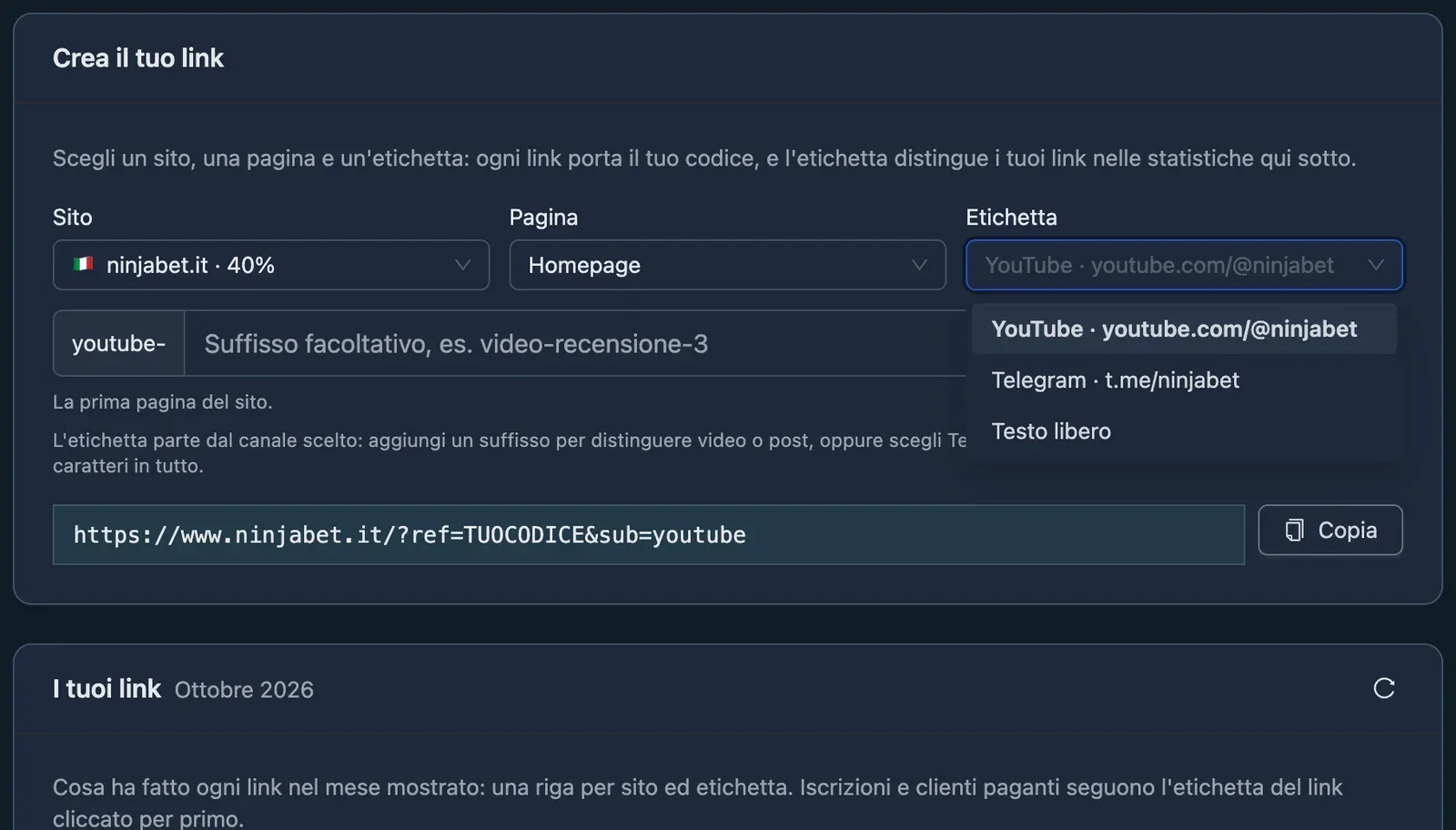 Il generatore di link con la scelta dell'etichetta aperta