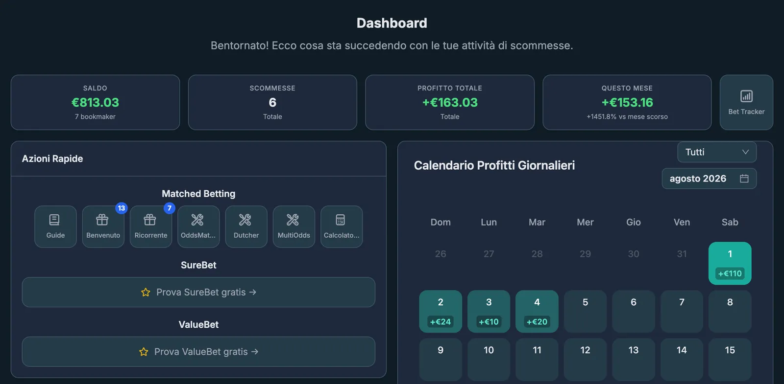 NinjaBet dashboard